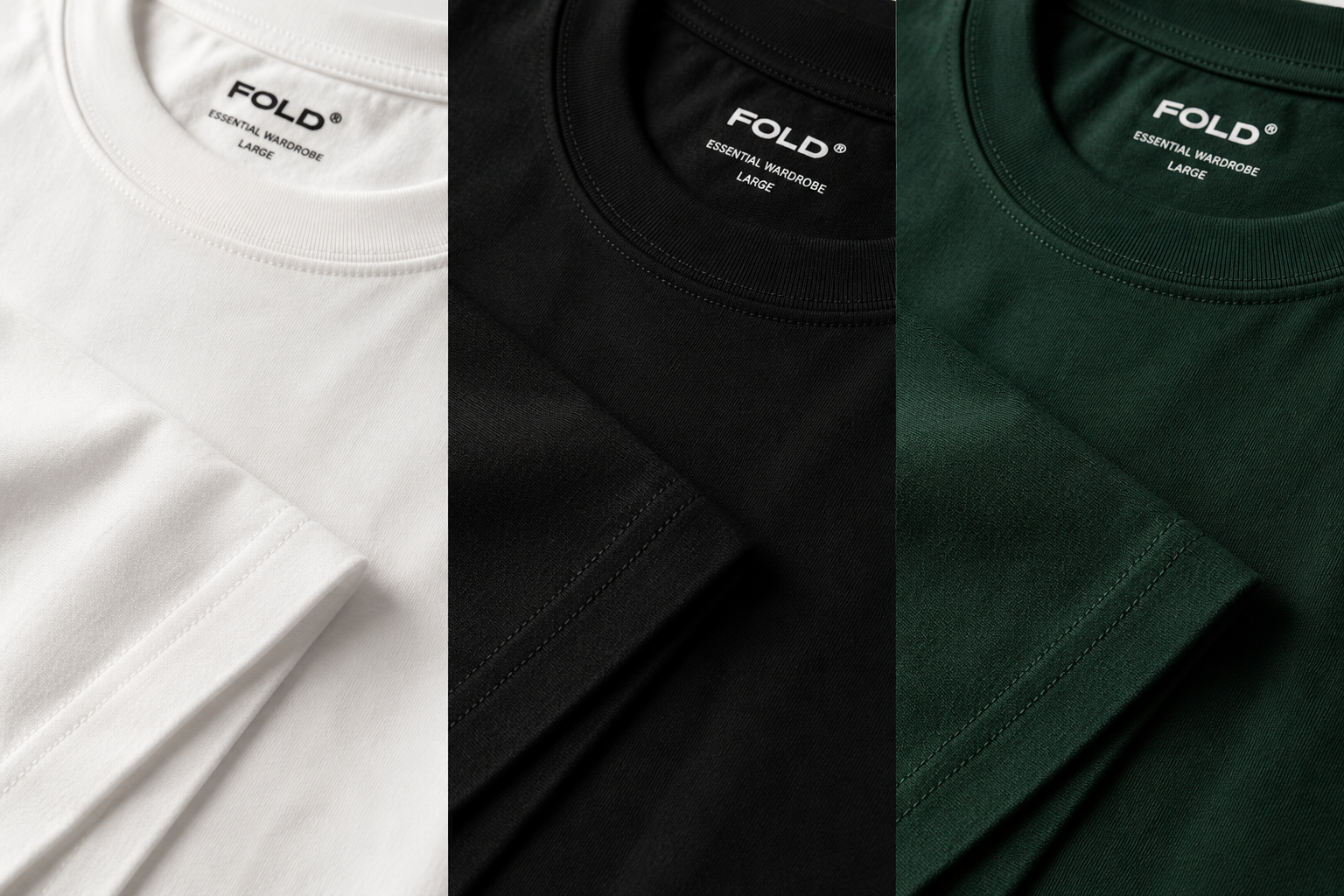 Folded FOLD tees in white, black, and green