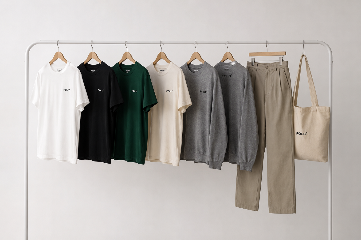 The full FOLD Season 01 line hanging on a rack