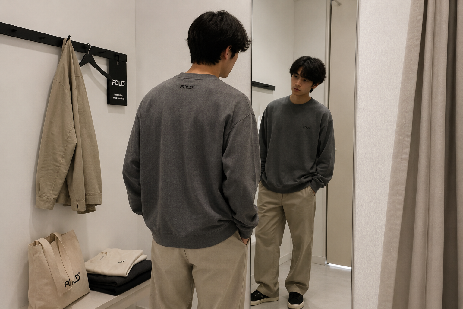 A customer trying on FOLD pieces in the fitting room