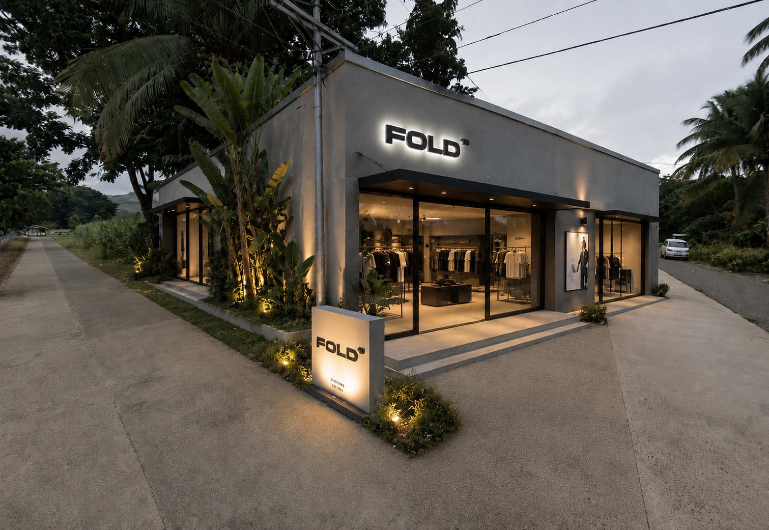 The FOLD storefront in Musuan at dusk